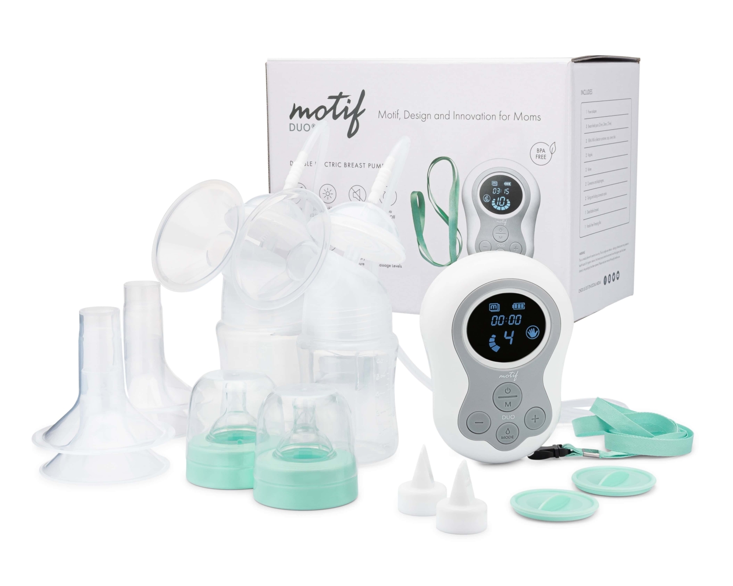 18577_040_Tif 1 Motif Duo Breast Pump with bottles, parts and retail box