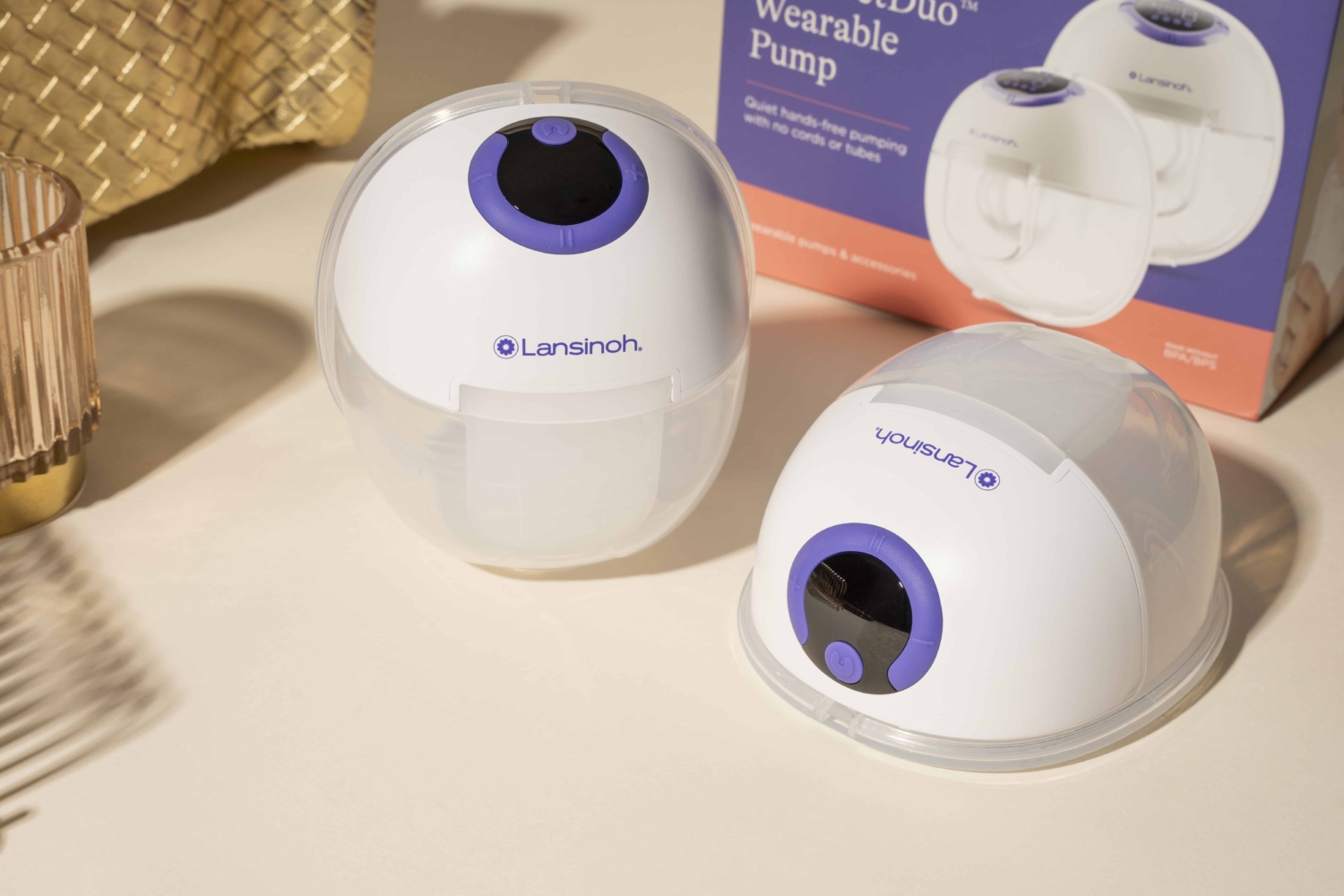 Lansinoh DiscreetDuo wearable breast pump on counter